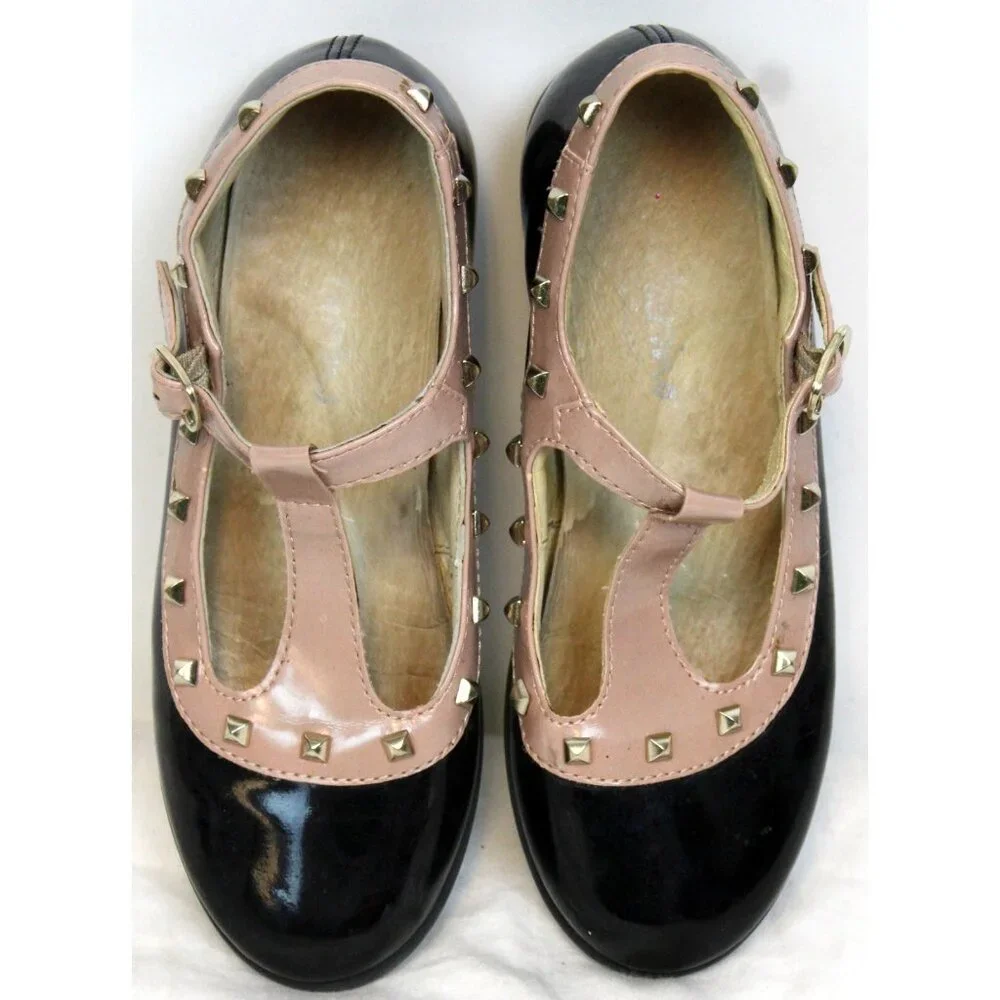 Naturino Black Brown 2-tone Dance Dress Shoes sz 12-12.5 Studded T-Strap Buckle
